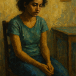 Abstract portrait of a tired woman surrounded by layered textures — symbolizing the weight and invisibility of everyday caregiving.