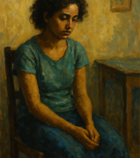Abstract portrait of a tired woman surrounded by layered textures — symbolizing the weight and invisibility of everyday caregiving.