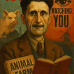 Portrait of George Orwell with references to 1984 and Animal Farm, symbolizing his lasting legacy.