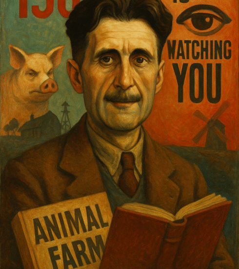 Portrait of George Orwell with references to 1984 and Animal Farm, symbolizing his lasting legacy.