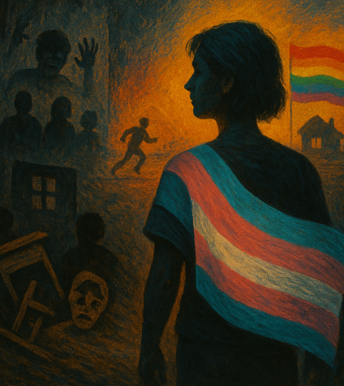 Abstract portrait of a transgender woman representing Maya’s journey through abuse, school dropout, and eventual identity acceptance in India.