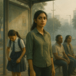 A woman stands at a bus stop under quiet glances — an example of surveillance in public space and how it shapes daily behaviour.