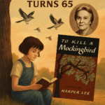 Illustration of a young girl reading under a tree, with flying mockingbirds, the original book cover of To Kill a Mockingbird, and a portrait of Harper Lee—commemorating the novel’s 65th anniversary.