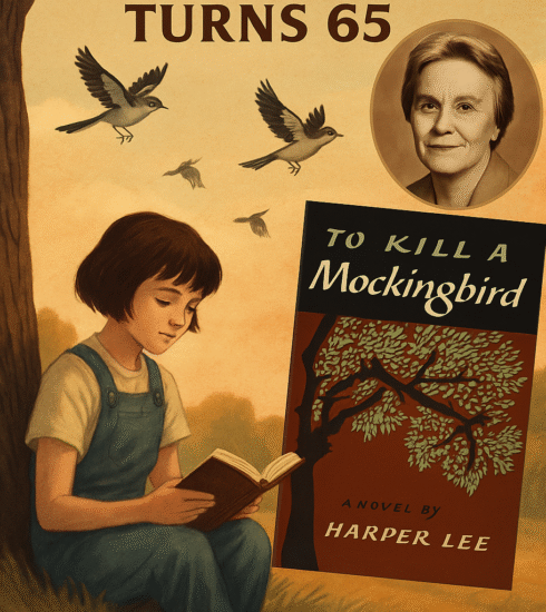 Illustration of a young girl reading under a tree, with flying mockingbirds, the original book cover of To Kill a Mockingbird, and a portrait of Harper Lee—commemorating the novel’s 65th anniversary.