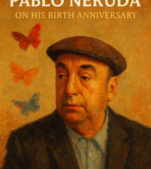 A digital painting of Pablo Neruda surrounded by poetry, sea, and natural objects