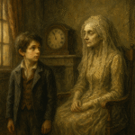 A young boy stands before an older woman in a decaying Victorian room, with a worn clock in the background, evoking themes of time and childhood.