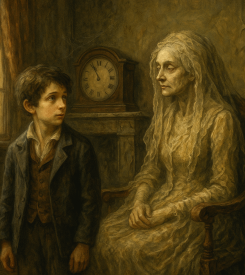 A young boy stands before an older woman in a decaying Victorian room, with a worn clock in the background, evoking themes of time and childhood.