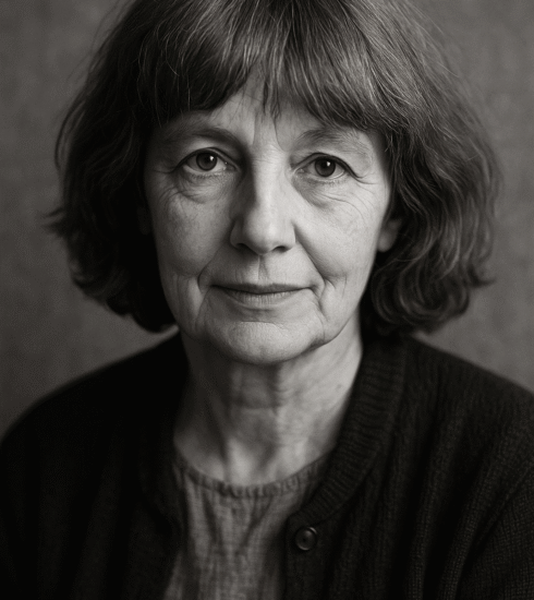 A black-and-white portrait of a thoughtful middle-aged woman with wavy hair, evoking a contemplative mood.