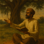 An Indian poet seated under a banyan tree reciting verses with a book in hand, wearing traditional attire