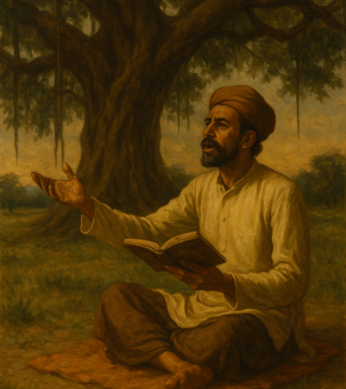 An Indian poet seated under a banyan tree reciting verses with a book in hand, wearing traditional attire