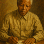 Oil painting of Nelson Mandela seated and reading a book in prison, symbolizing the power of literature in resistance