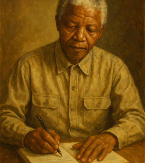 Oil painting of Nelson Mandela seated and reading a book in prison, symbolizing the power of literature in resistance