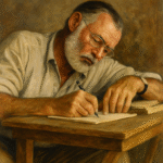 Oil painting of Ernest Hemingway intensely writing at a wooden desk, reflecting the emotional weight of his craft