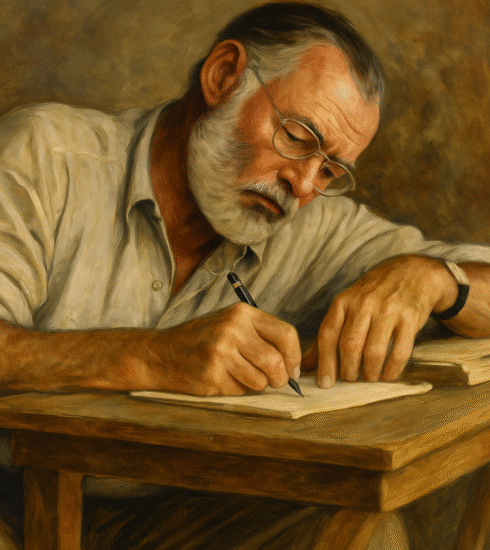 Oil painting of Ernest Hemingway intensely writing at a wooden desk, reflecting the emotional weight of his craft