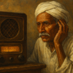 Traditional oil painting of an elderly Indian man wearing a white turban, intently listening to a glowing vintage wooden radio