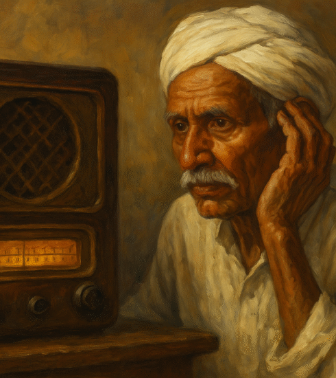 Traditional oil painting of an elderly Indian man wearing a white turban, intently listening to a glowing vintage wooden radio