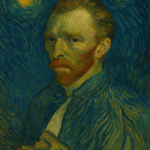 Portrait of Vincent van Gogh with a reddish beard, intense expression, and the swirling Starry Night sky in the background, painted in a Post-Impressionist style.