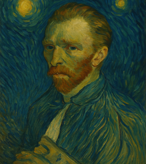 Portrait of Vincent van Gogh with a reddish beard, intense expression, and the swirling Starry Night sky in the background, painted in a Post-Impressionist style.