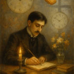 Portrait of Marcel Proust sitting at his writing desk with notebooks and flowers