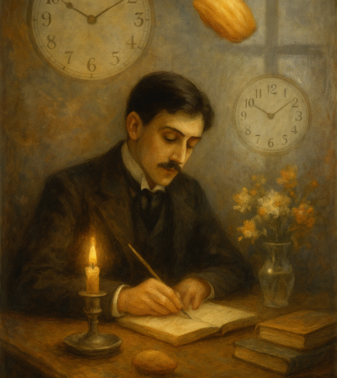 Portrait of Marcel Proust sitting at his writing desk with notebooks and flowers