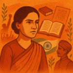 Vintage autumnal illustration with tricolour and tribal motifs representing India’s non-mainstream literature.