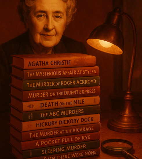 Agatha Christie portrait with her classic crime fiction books under autumn light, symbolizing the comfort of mystery in her novels.