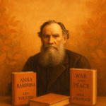 Leo Tolstoy portrait with his novels War and Peace and Anna Karenina, symbolizing his legacy of love, truth, and conscience.