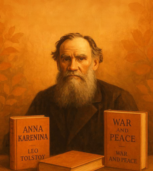 Leo Tolstoy portrait with his novels War and Peace and Anna Karenina, symbolizing his legacy of love, truth, and conscience.