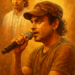 Zubeen Garg singing on stage with a microphone, cap, and earrings, alongside a blended portrait in Assamese attire, symbolizing his unmatched legacy.
