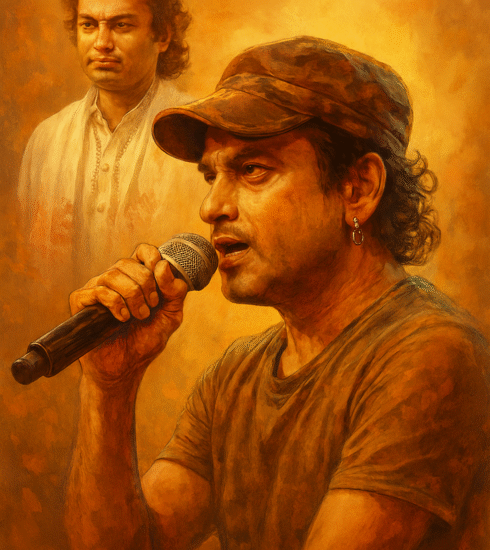 Zubeen Garg singing on stage with a microphone, cap, and earrings, alongside a blended portrait in Assamese attire, symbolizing his unmatched legacy.